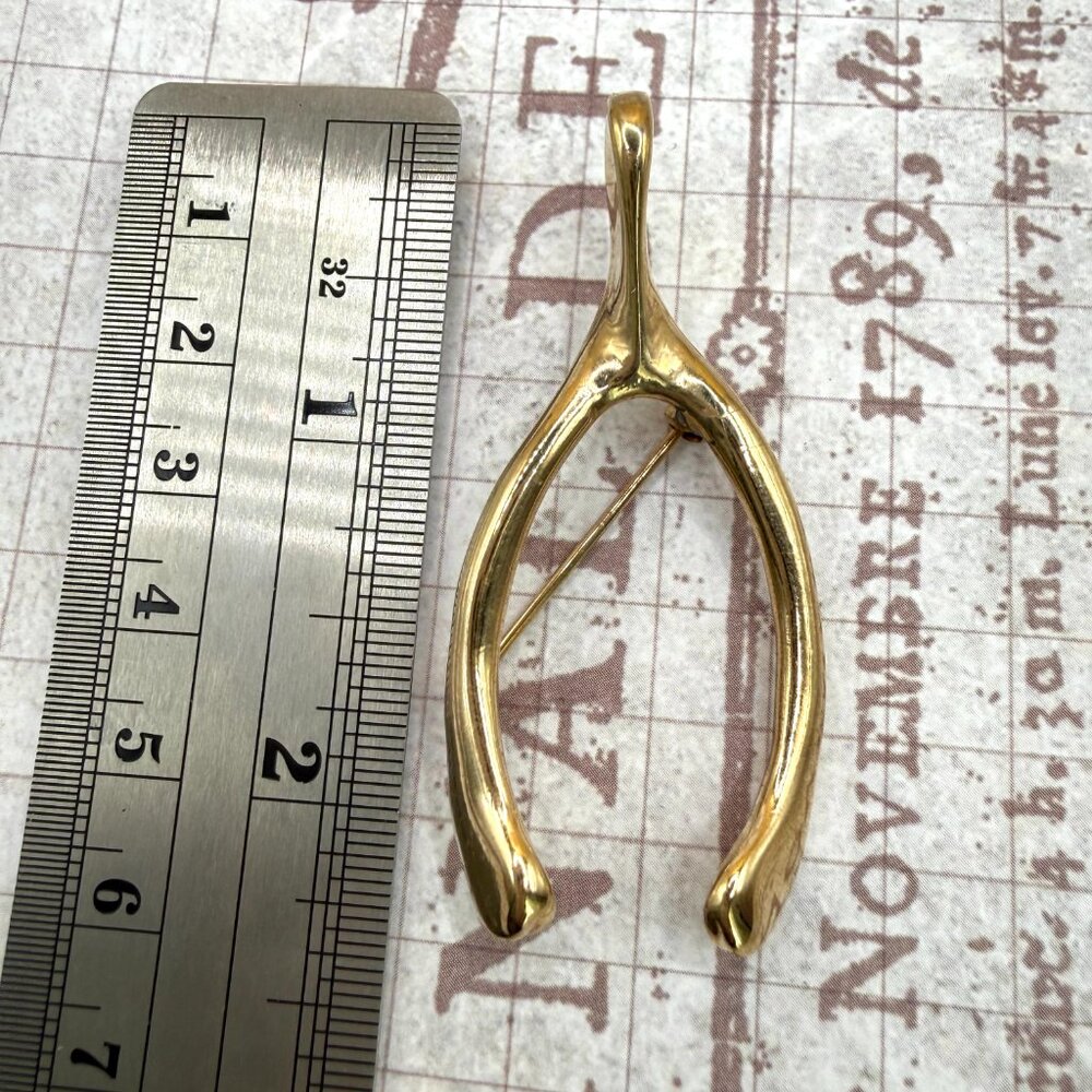 1950s Vintage Large Gold Tone Wishbone Brooch Pin Good Luck Symbol Estate - Picture 9 of 11